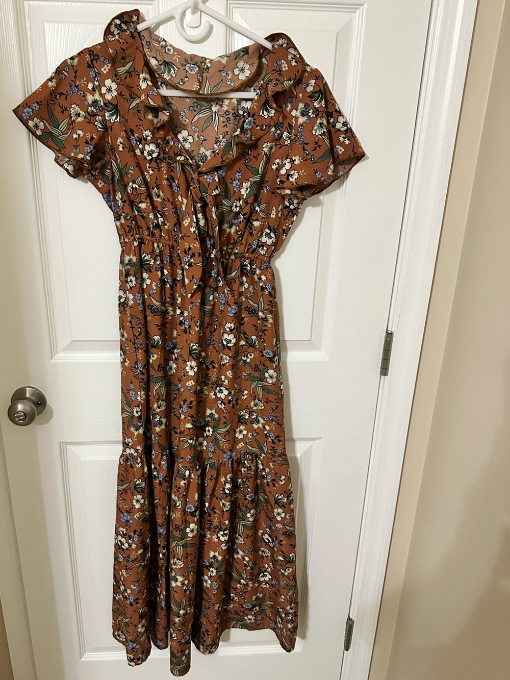 Rust Brown Floral Maxi Dress with Ruffle Neckline